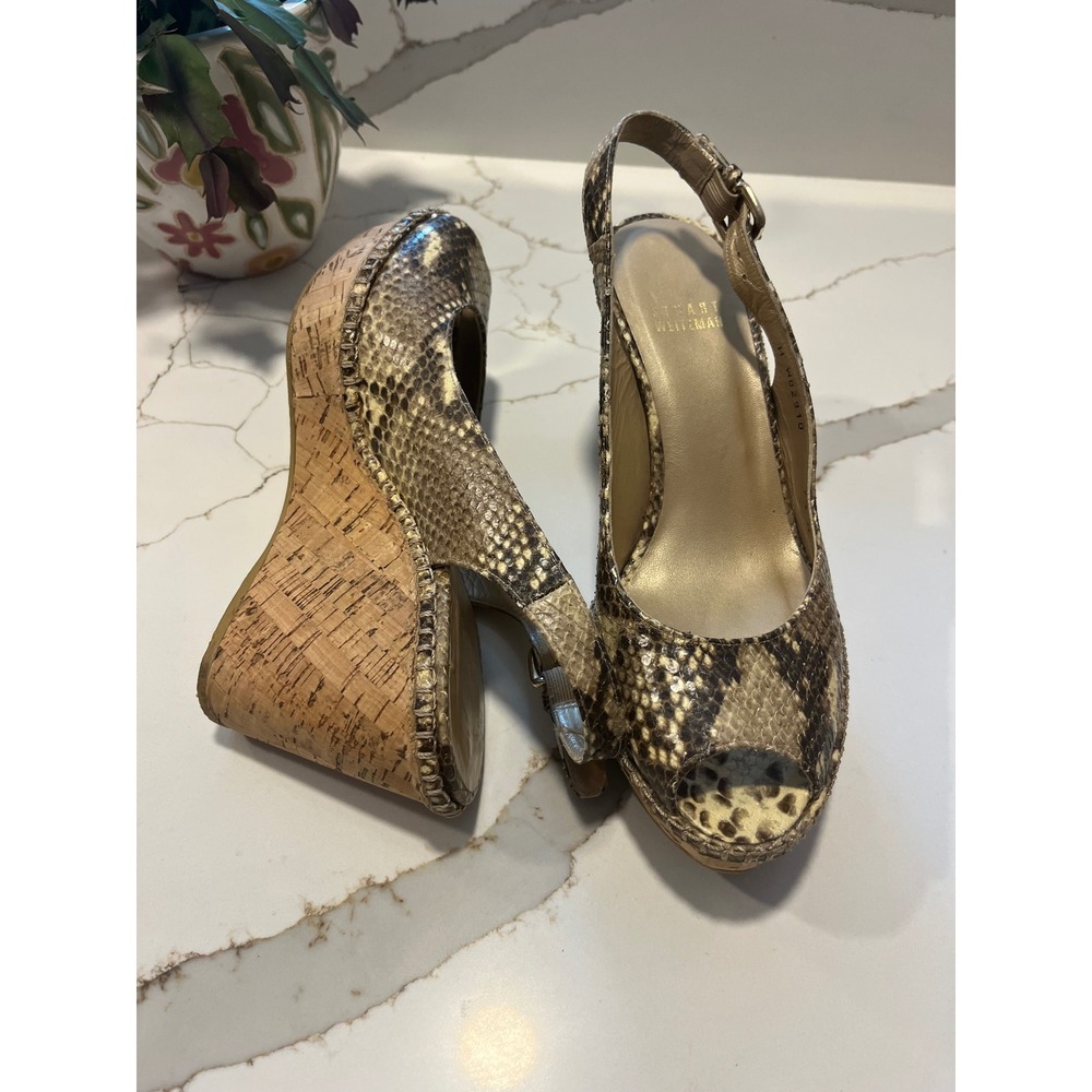 Stuart Weitzman Snakeskin Embossed Cork Wedge Slingback Sandals Brown 7.5 M - Picture 1 of 8